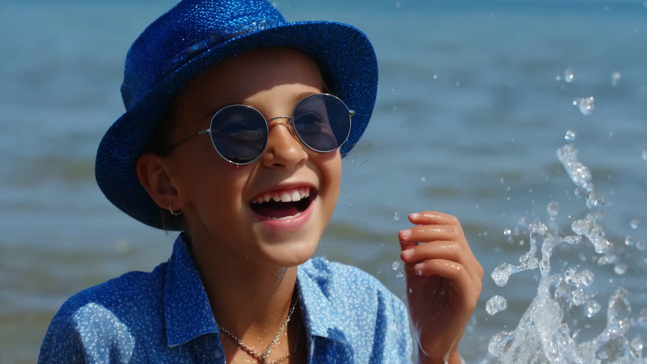 Joyful Child at the Beach: A Delightful Moment Captured in Two Frames Showcasing a Young Girl with a Blue Hat and Sunglasses Enjoying the Splashes of Water and Sunshine Along the Shoreline