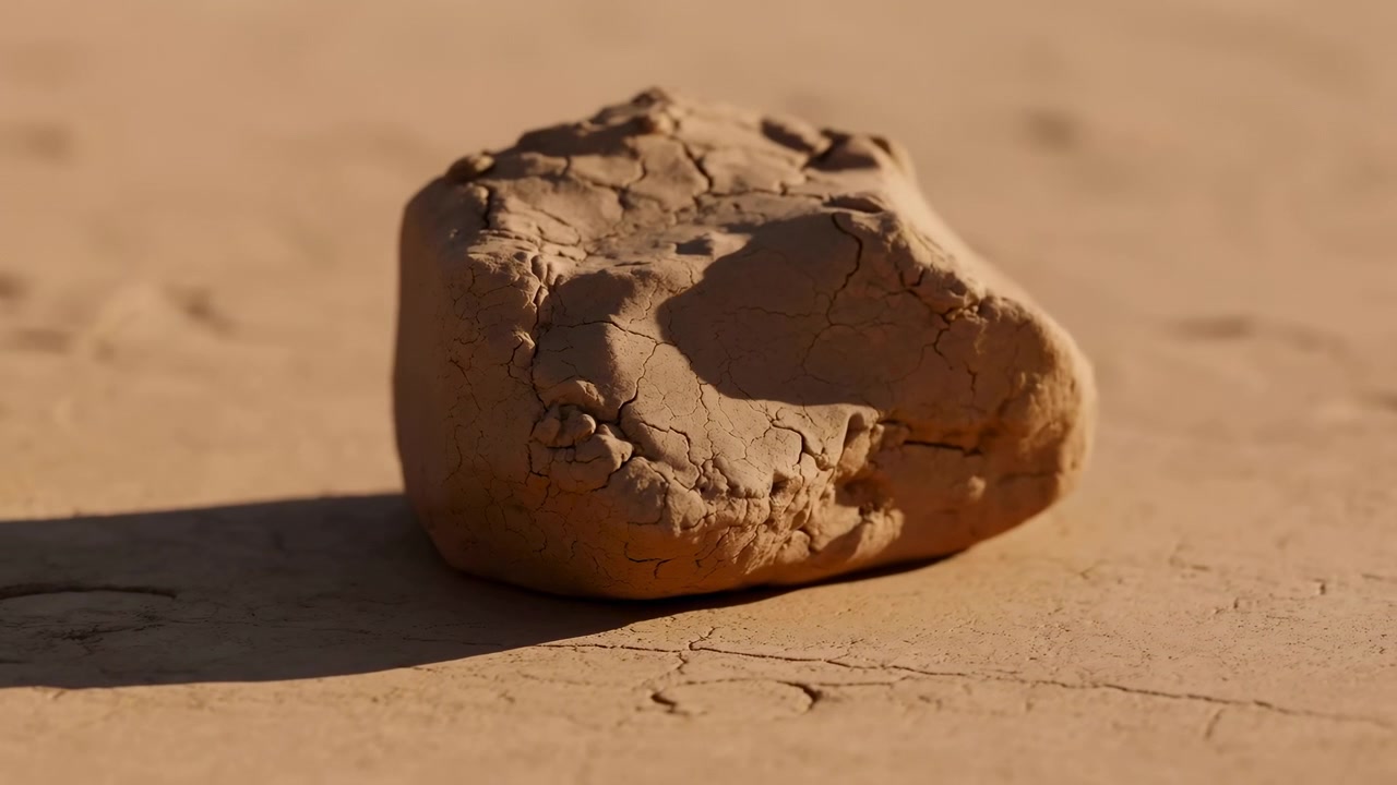 Un singolo grumo di argilla essiccata poggia su un terreno desertico piatto e screpolato sotto una calda luce solare radente da sinistra, proiettando una lunga ombra morbida a destra, con fessure sottili e dense e una texture terrosa ruvida