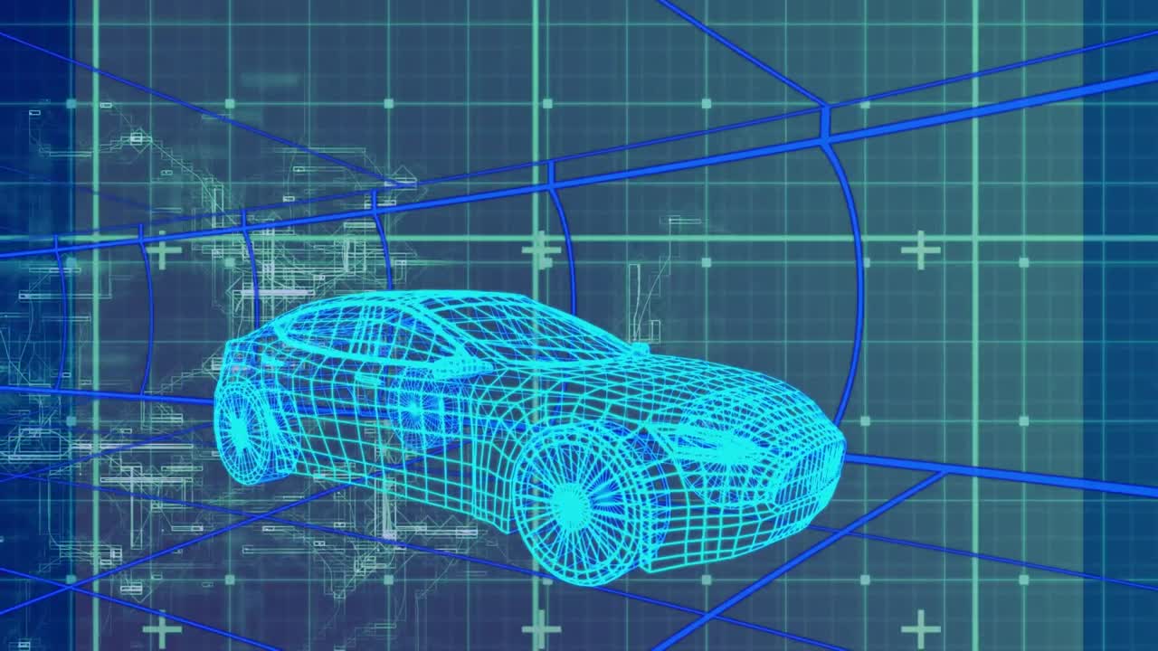 animación de un coche con interfaz gráfica de usuario que se mueve en el puente contra el patrón de la cuadrícula