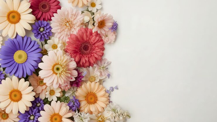 Cuadros avanzando mostrando margaritas gerbera cortadas expandiéndose hacia adentro sobre un fondo color crema, con espacio para texto.