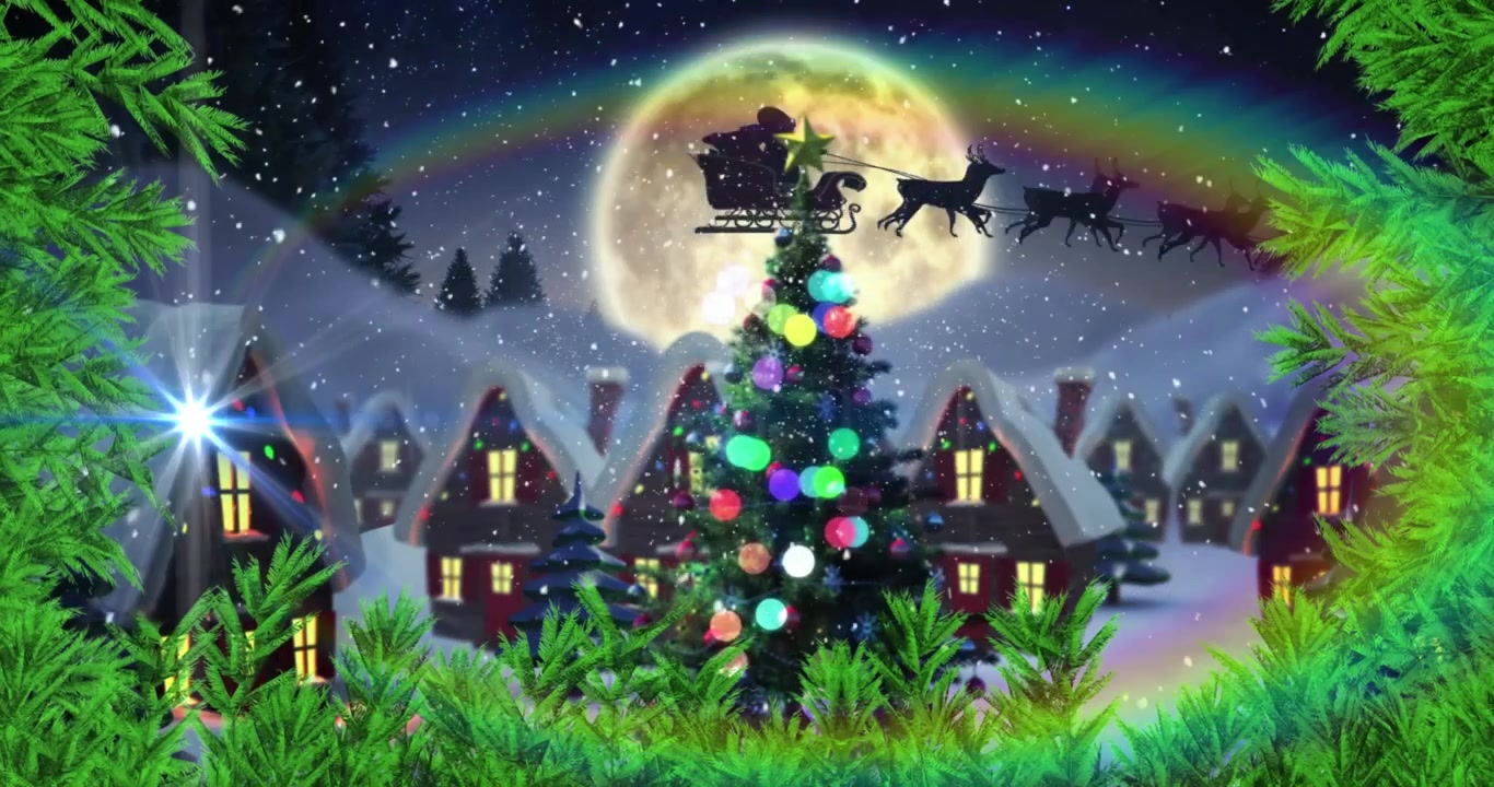 Animazione di una stella cadente sopra Babbo Natale su una slitta, con un albero di Natale in uno scenario invernale.