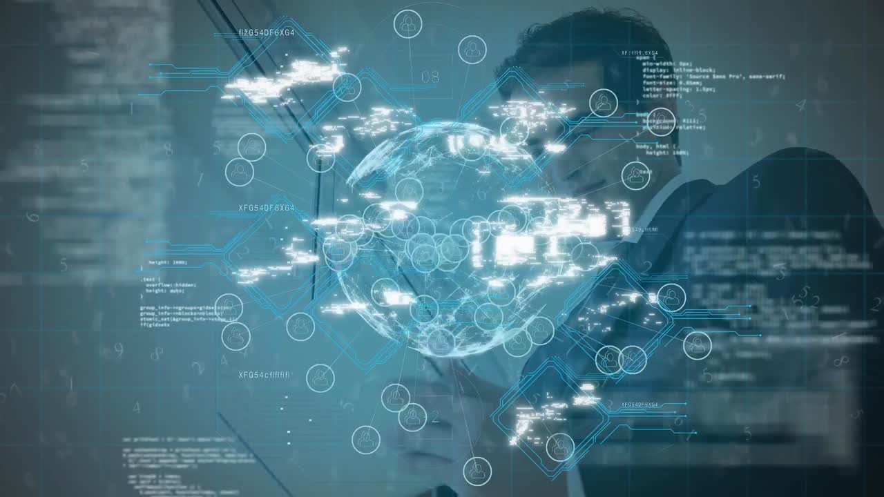 미디어 및 보안 아이콘의 애니메이션, 전 세계 및 데이터 처리 사업가 이상