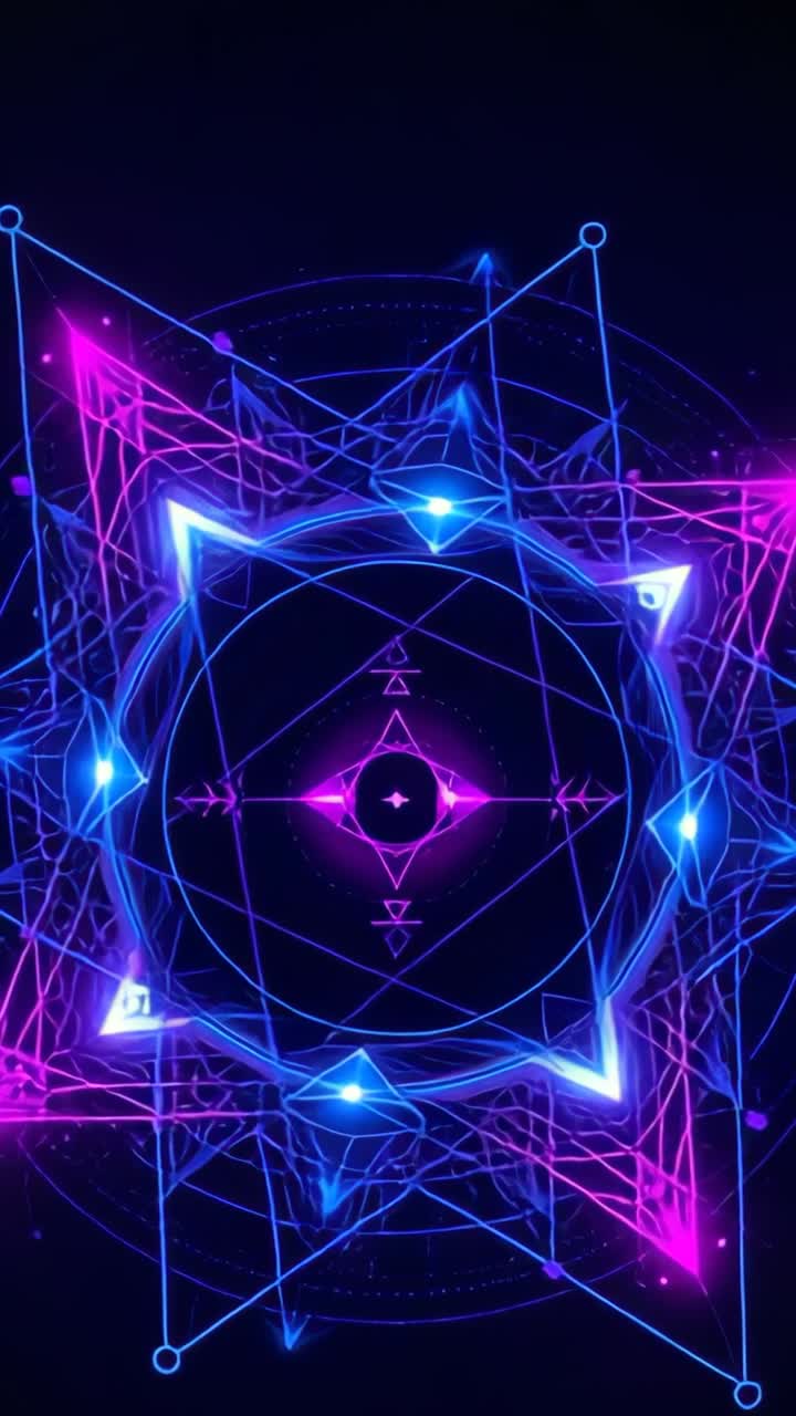 Vertical video: Animating neon pattern rotating on void, pulsing lit blue ring and magenta nodes