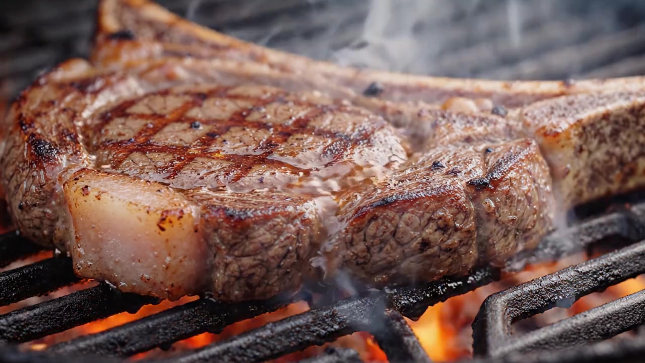 A Perfectly Grilled Tomahawk Steak on the Grill, Showcasing Deliciously Seared Marks and Juicy, Tender Meat Cooking Over Charcoal Flames