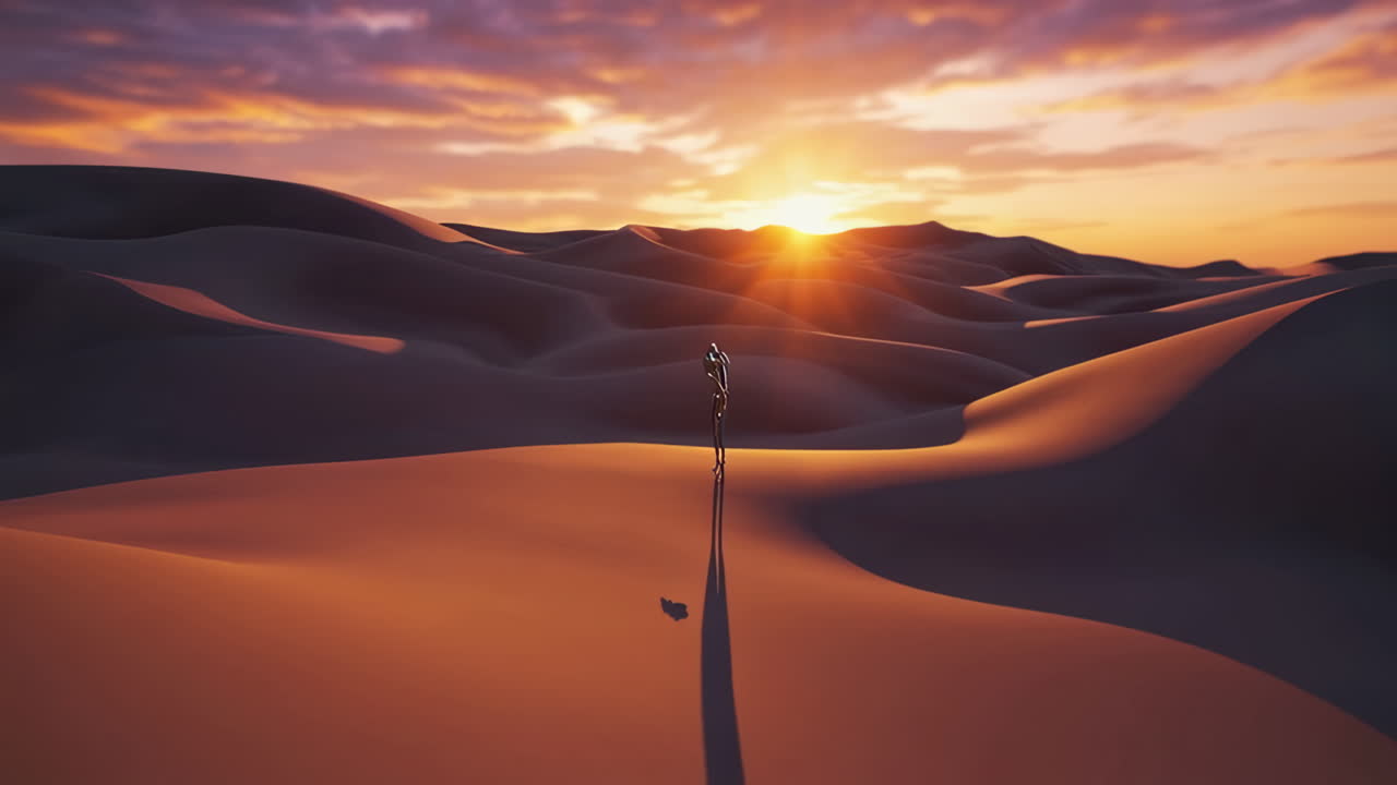 Abstract Reflective Metallic Figure in Desert Sunset