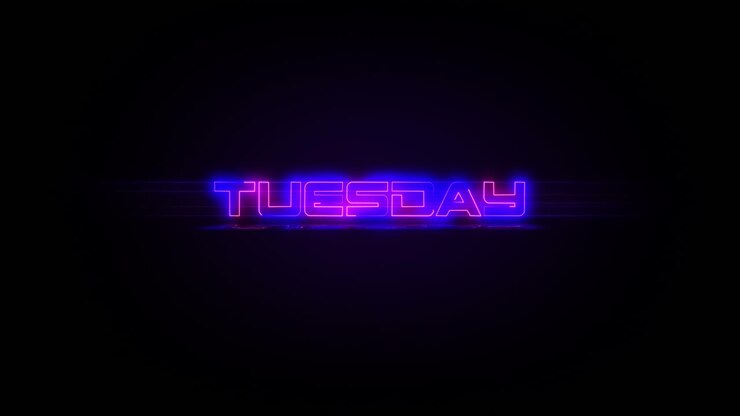 Flashing TUESDAY electric blue and pink neon Sign flashing on and off with flicker, reflection, and anamorphic lights in 4k