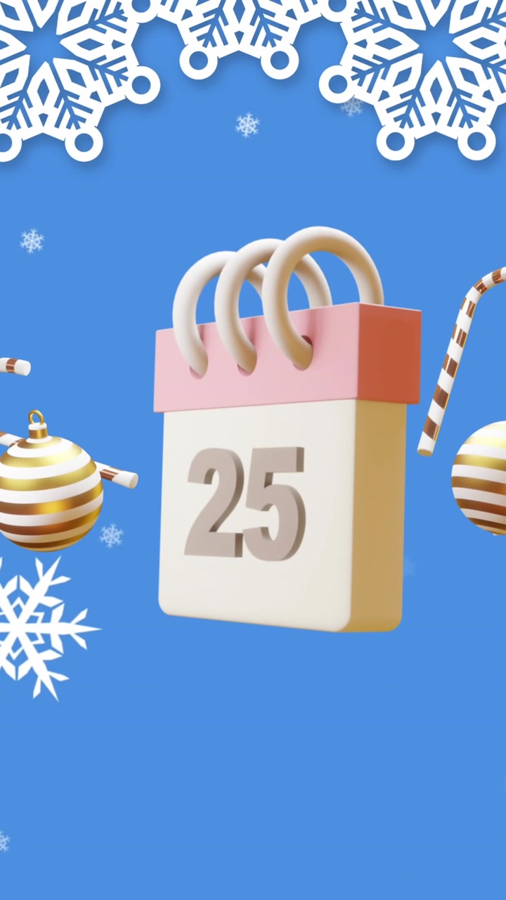 Animação de calendário com a data número 25 e decorações de Natal.