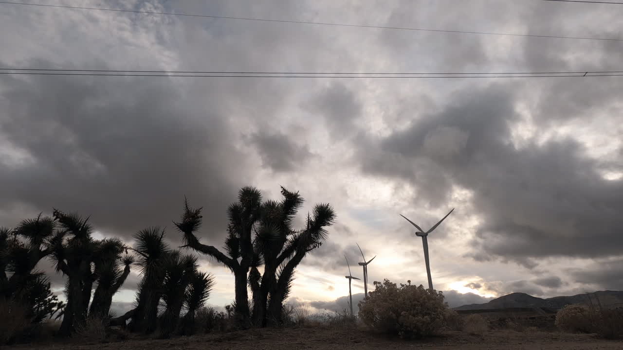 Clouds rolling over Joshua trees and windmills in the Mojave desert, California landscape on a cloudy day - Time lapse