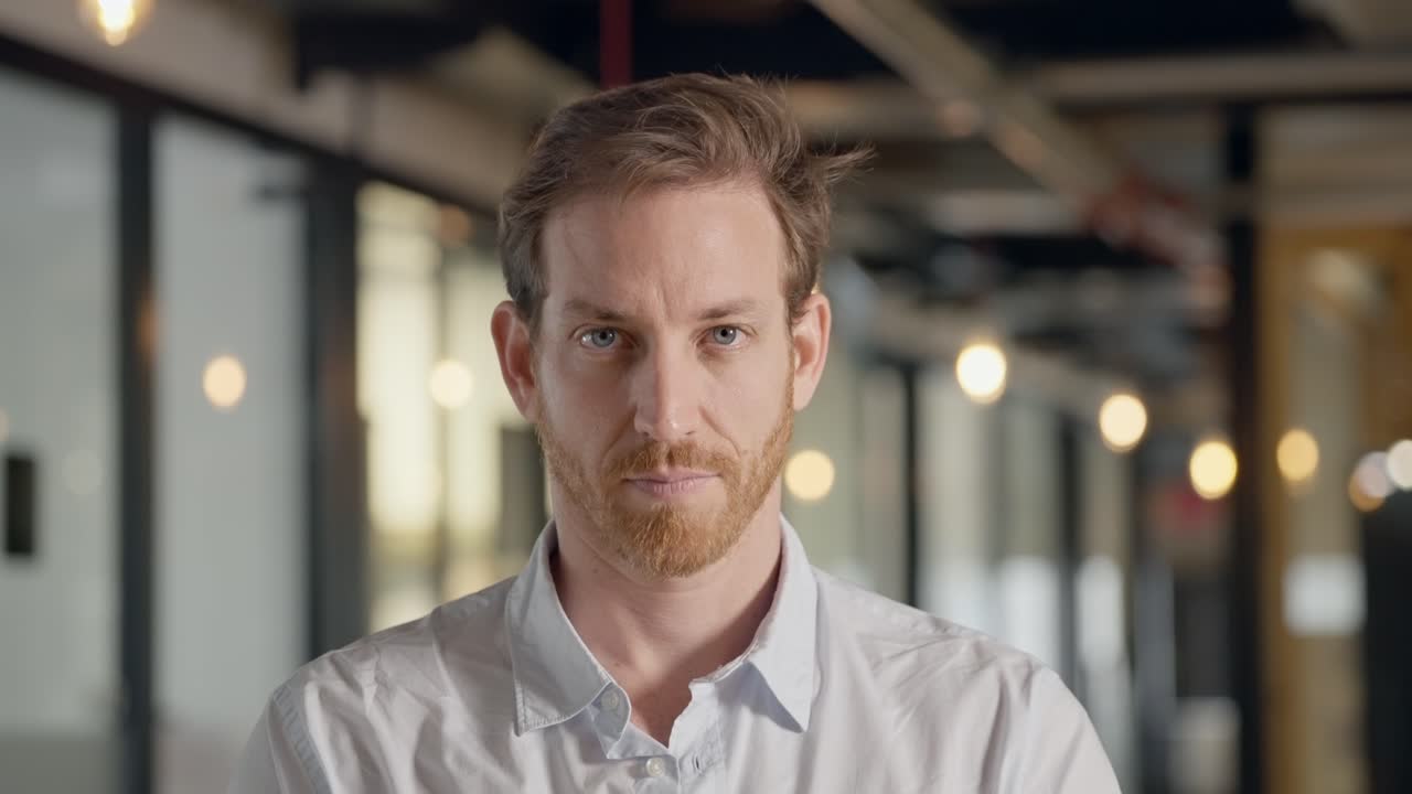White, blue-eyed man with light ginger beard stares directly into camera. Intense yet approachable expression. Confidence, and charisma. portrait photography, identity, authenticity, personal branding