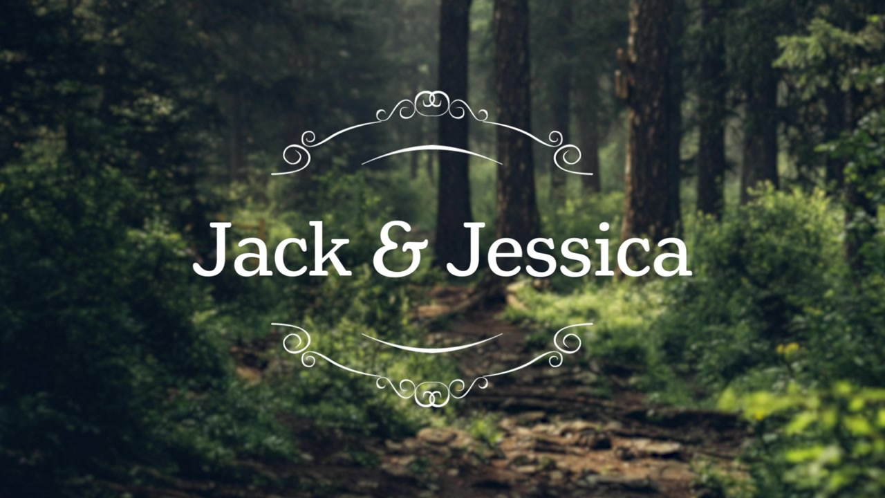 Animated Wedding Names and Decorative Flourishes Over Forest Background