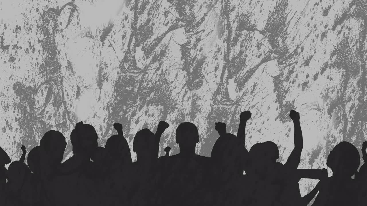 Animation of people silhouettes over shapes on grey background