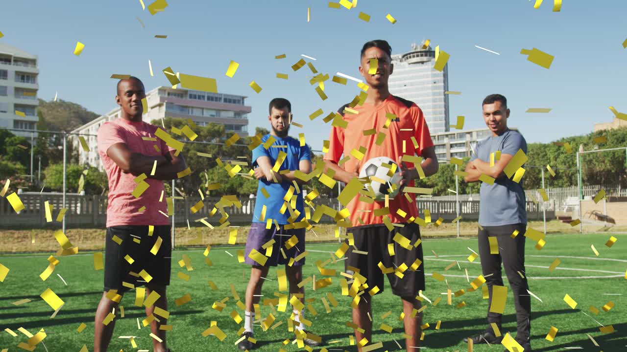 animación de confeti cayendo sobre el retrato del equipo de fútbol masculino en el campo