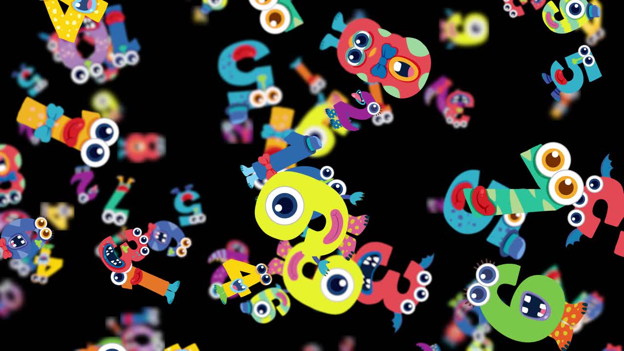 Vibrant monster-themed letters cascade against a black background, creating a lively and whimsical visual experience