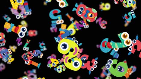 Vibrant monster-themed letters cascade against a black background, creating a lively and whimsical visual experience
