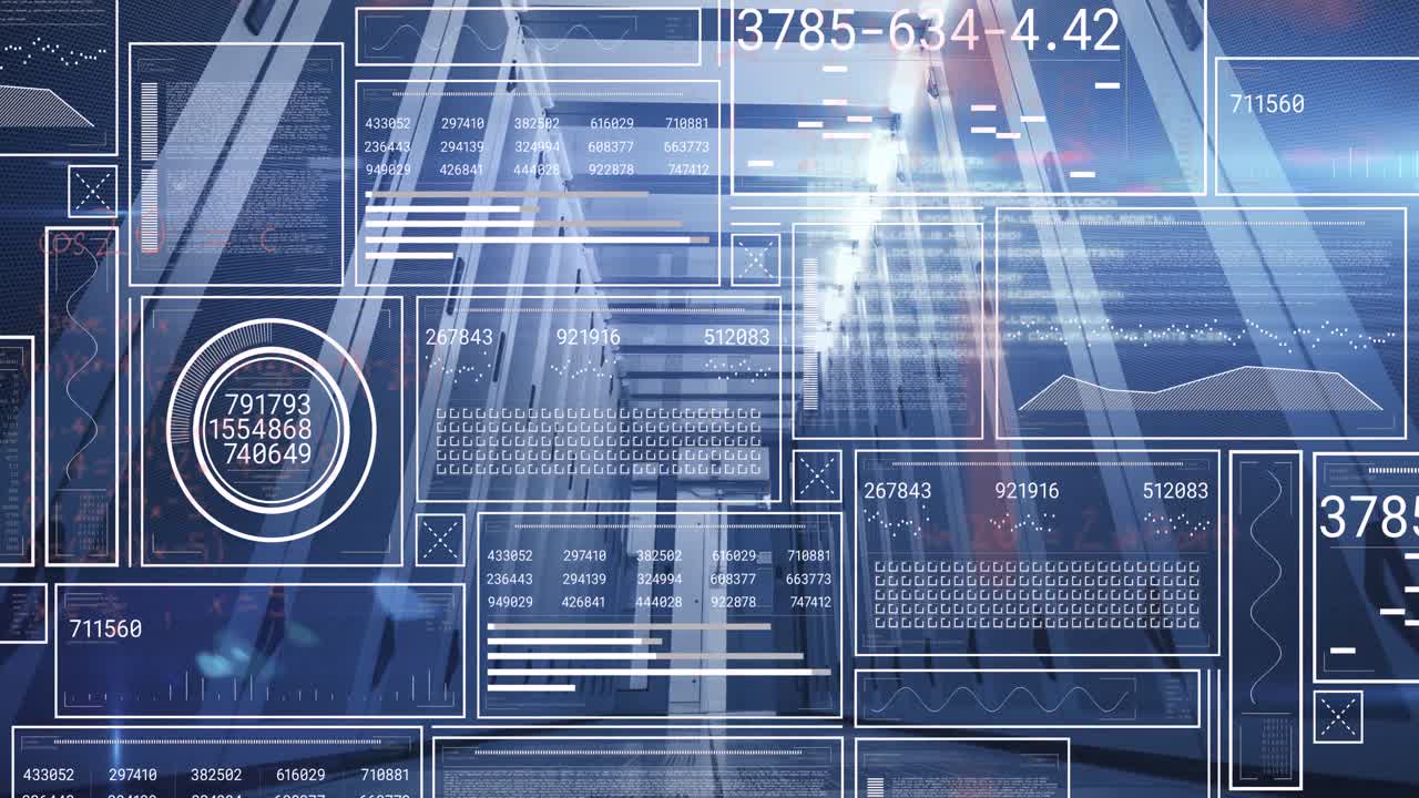 animación del procesamiento de datos y sobre la sala del servidor.