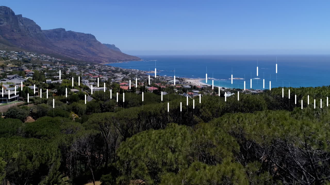나무, 산, 도시 풍경 및 바다와 함께 풍경의 공중 풍경을 통해 데이터 처리의 애니메이션