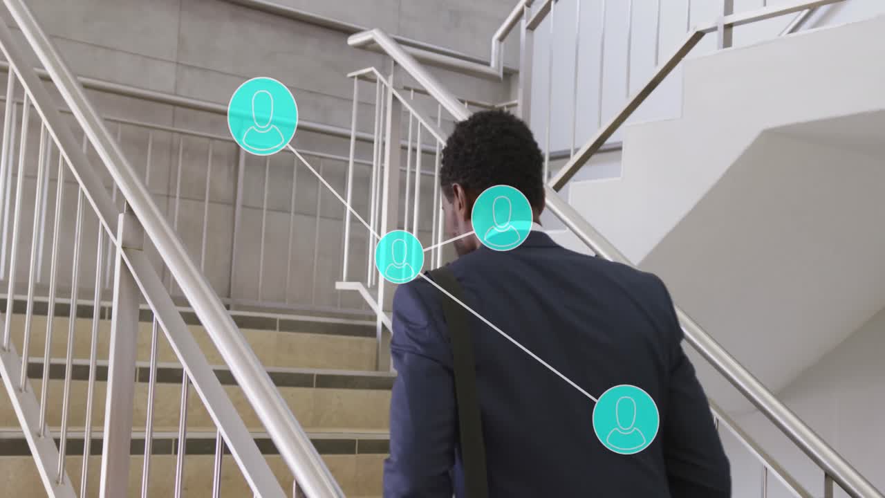 Animation of connections with data processing over african american businessman in office