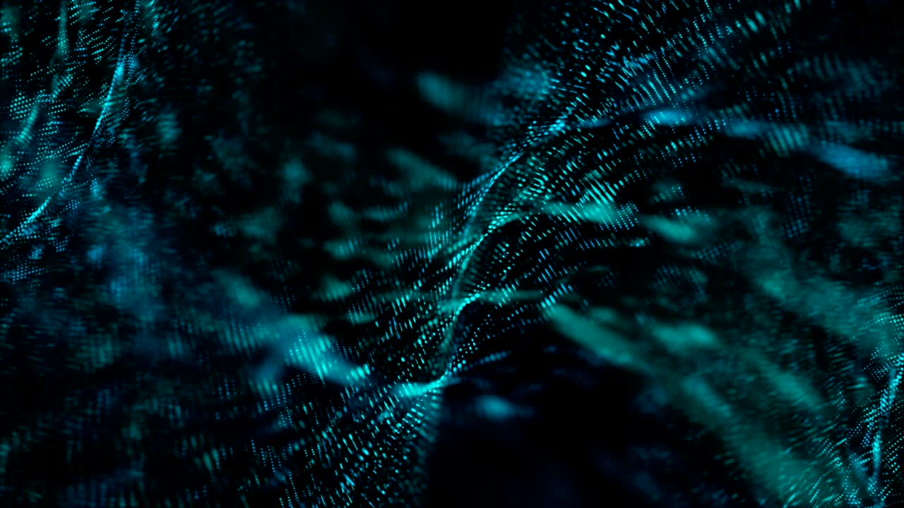 Abstract background blurry and lighting particle moving on the dark for cyber futuristic concept with grain processed