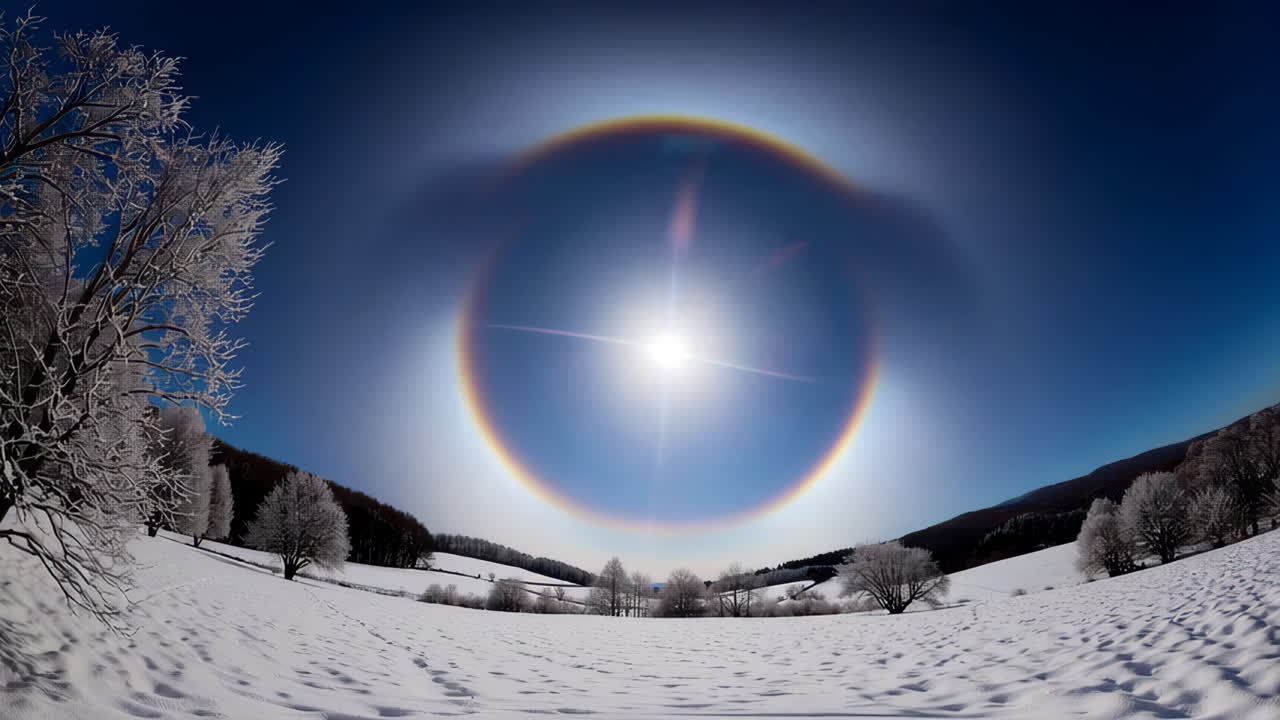 Winter Landscape with Sun Halo Phenomenon