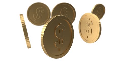 las monedas de oro del signo del dólar estadounidense se están girando en fondo blanco en resolución 4k con canal alfa