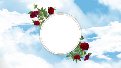 Animation-of-floral-design-circular-frame-with-copy-space-against-clouds-in-the-blue-sky