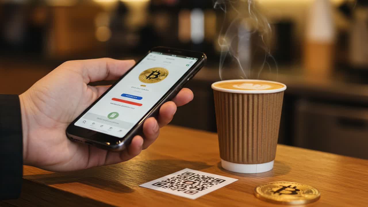 Exploring Cryptocurrency Transactions: A Close-Up of a Smartphone and Coffee Moment with Bitcoin Wallet Interaction