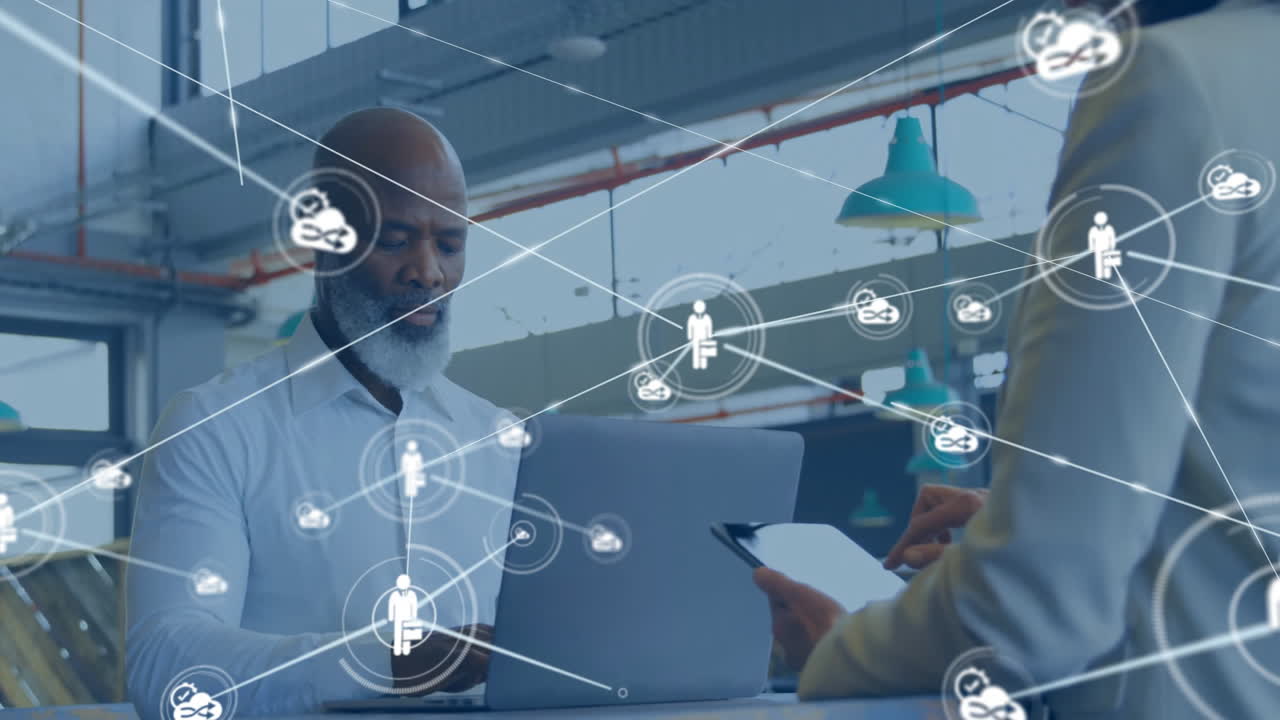 Animation of network of connections with people icons over diverse business people with tablets