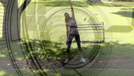 stretching in park, woman exercising with circular data animation overlay