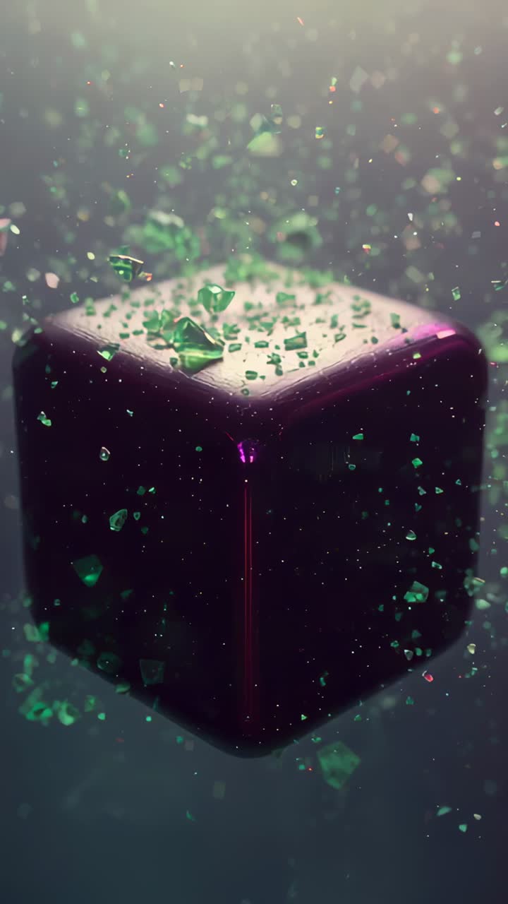 Vertical video: Falling green shards from above hitting magenta cube in studio making dust settle