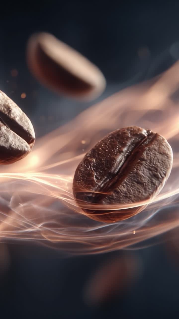 Chicchi di Caffè Fluttuanti Circondati da Dinamici Vortici di Luce, Che Catturano l'Essenza Aromatica e la Ricca Consistenza dei Chicchi Appena Tostati in una Rappresentazione Artistica