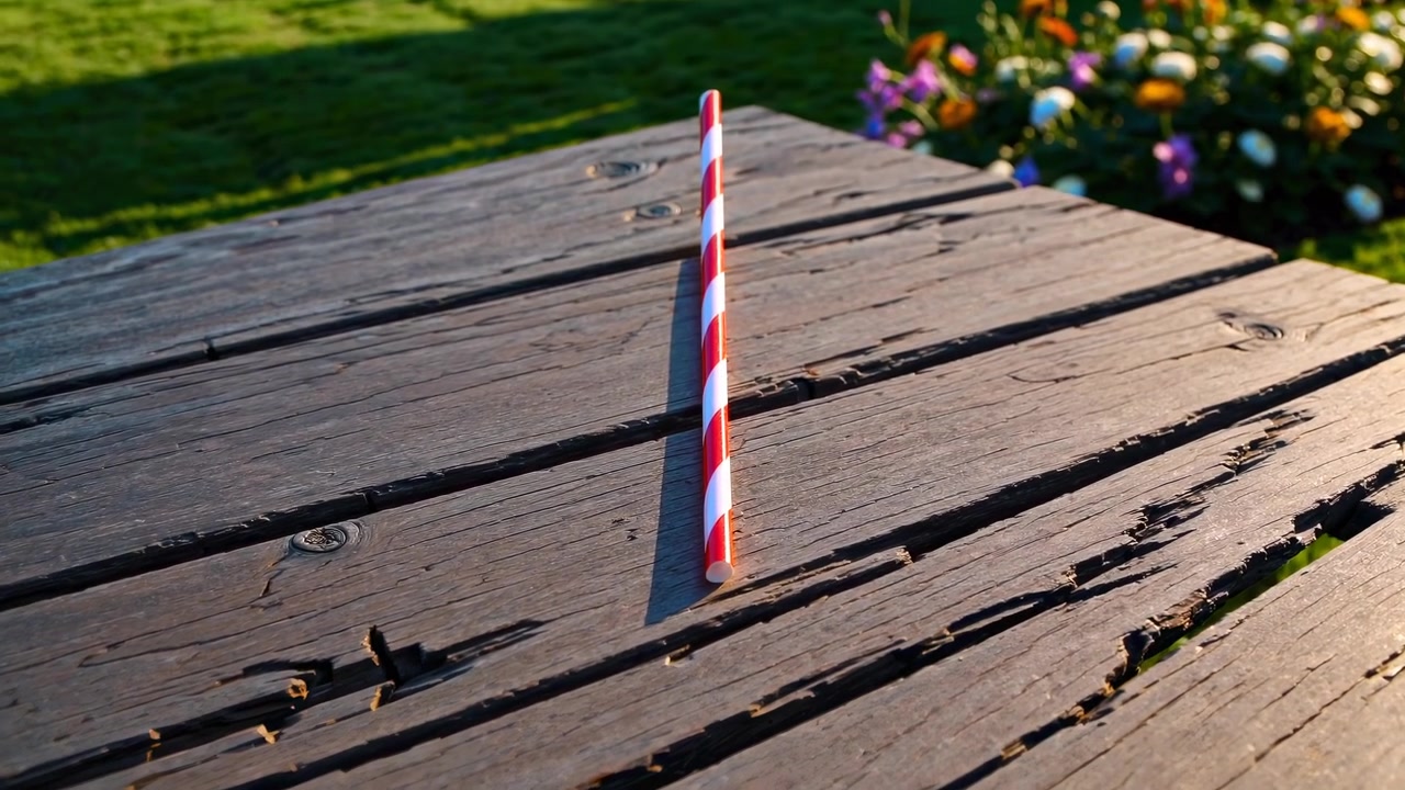 Red and White Striped Paper Straw Standing on Wooden Picnic Table