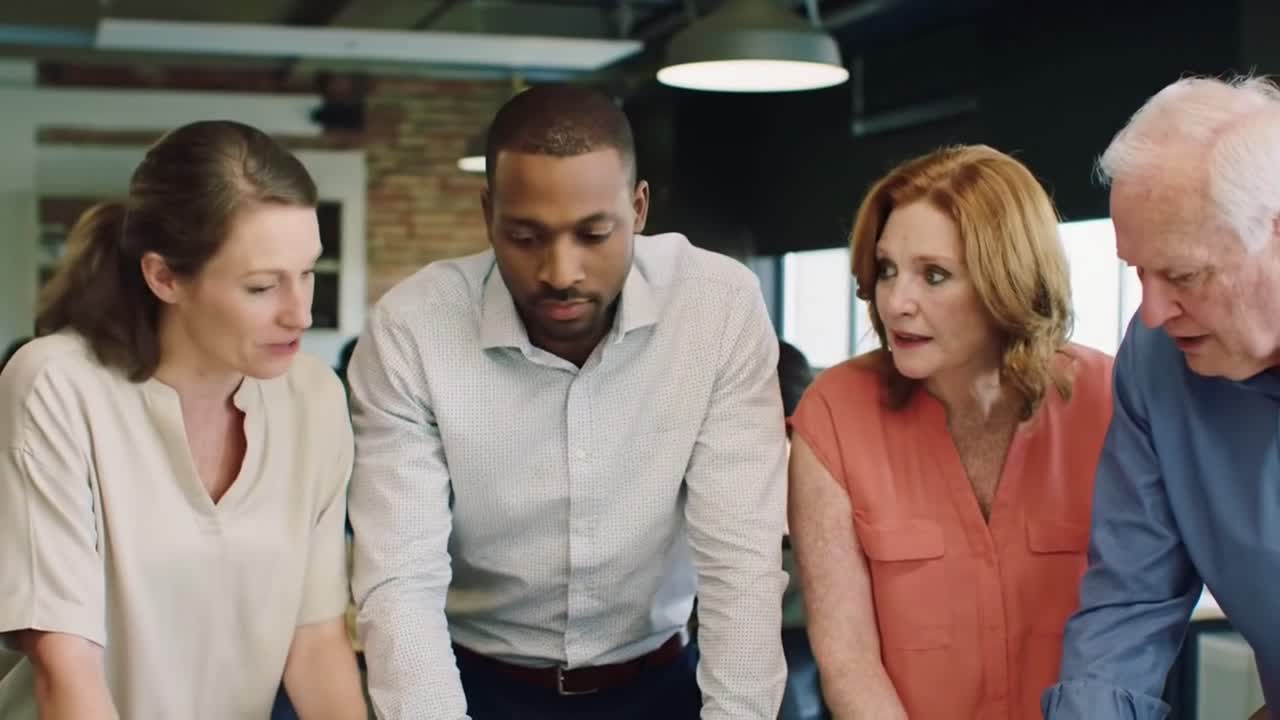 A diverse multigenerational business team collaborates in an office. Business Team Brainstorming