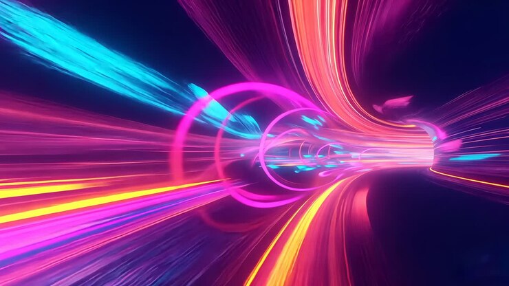 Accelerazione della spinta dello spettatore attraverso un corridoio virtuale, con anelli al neon luminosi, striature, frammenti
