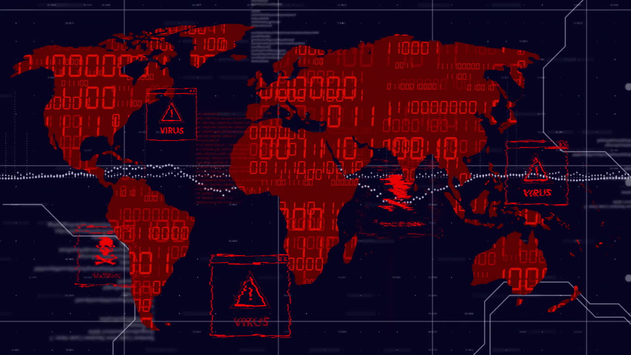 mapa del mundo con advertencias de virus y malware, animación de amenazas de ciberseguridad