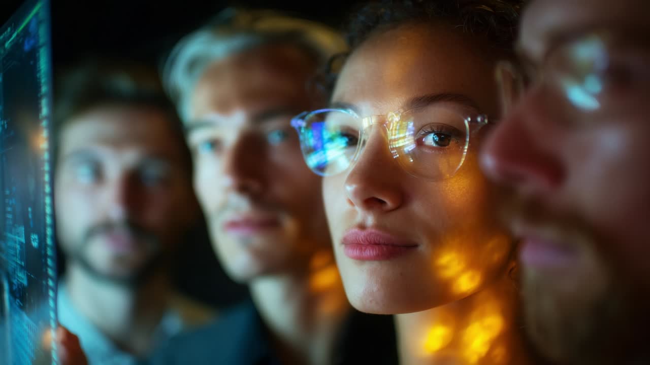 A group of focused individuals engaging with digital data displays, showcasing their expressions of concentration and curiosity in a futuristic environment illuminated with vibrant light patterns