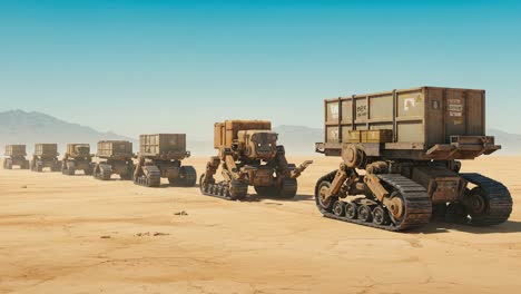 A Line of Heavy-Duty Transport Vehicles Progressing Across a Vast Desert Landscape Under a Clear Blue Sky