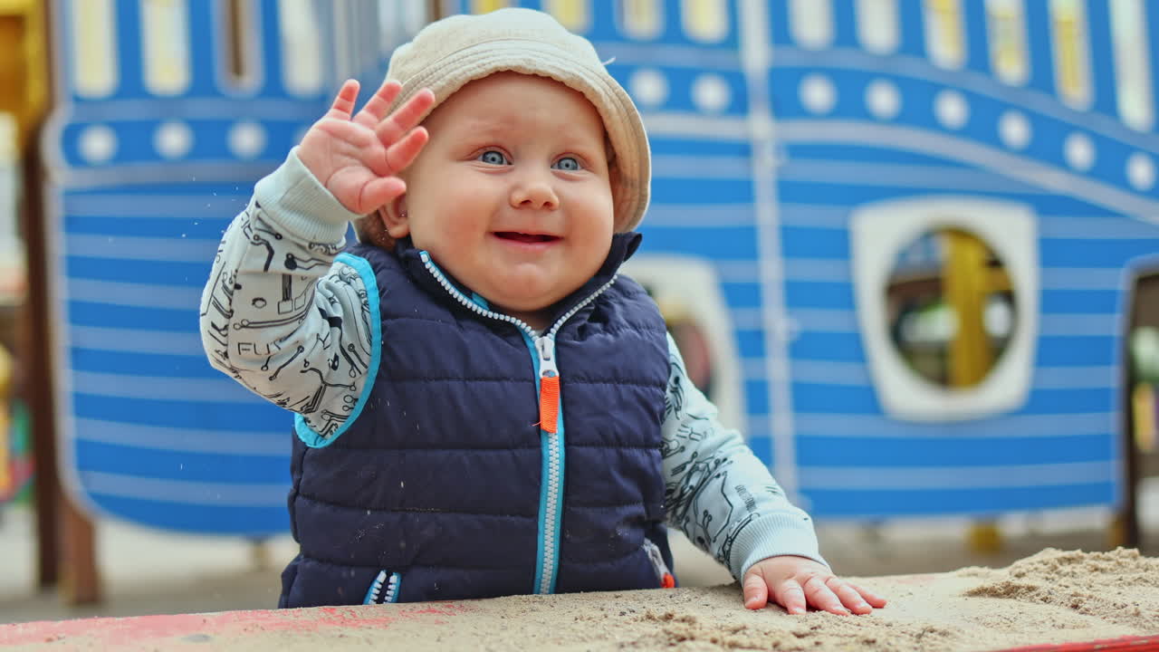 Ein zehn Monate altes Baby steht auf der Straße und hält sich an einer Stütze fest; das Kind lernt gerade stehen. Die ersten Schritte eines Kindes. Selbstentwicklung des Kindes. Babykleidung.