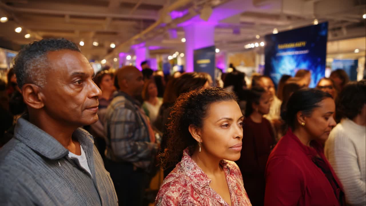 Un pubblico diversificato partecipa a una presentazione stimolante in un'atmosfera vivace, illuminata da luci colorate, con un forte senso di community, presentando idee e innovazioni in un ambiente stimolante