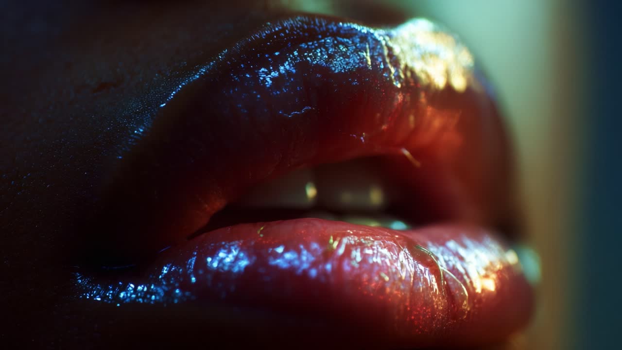 Close-Up of Glossy Lips Captured in Dynamic Light, Highlighting the Texture and Reflective Quality of Moisture for an Artistic Exploration of Beauty and Emotion