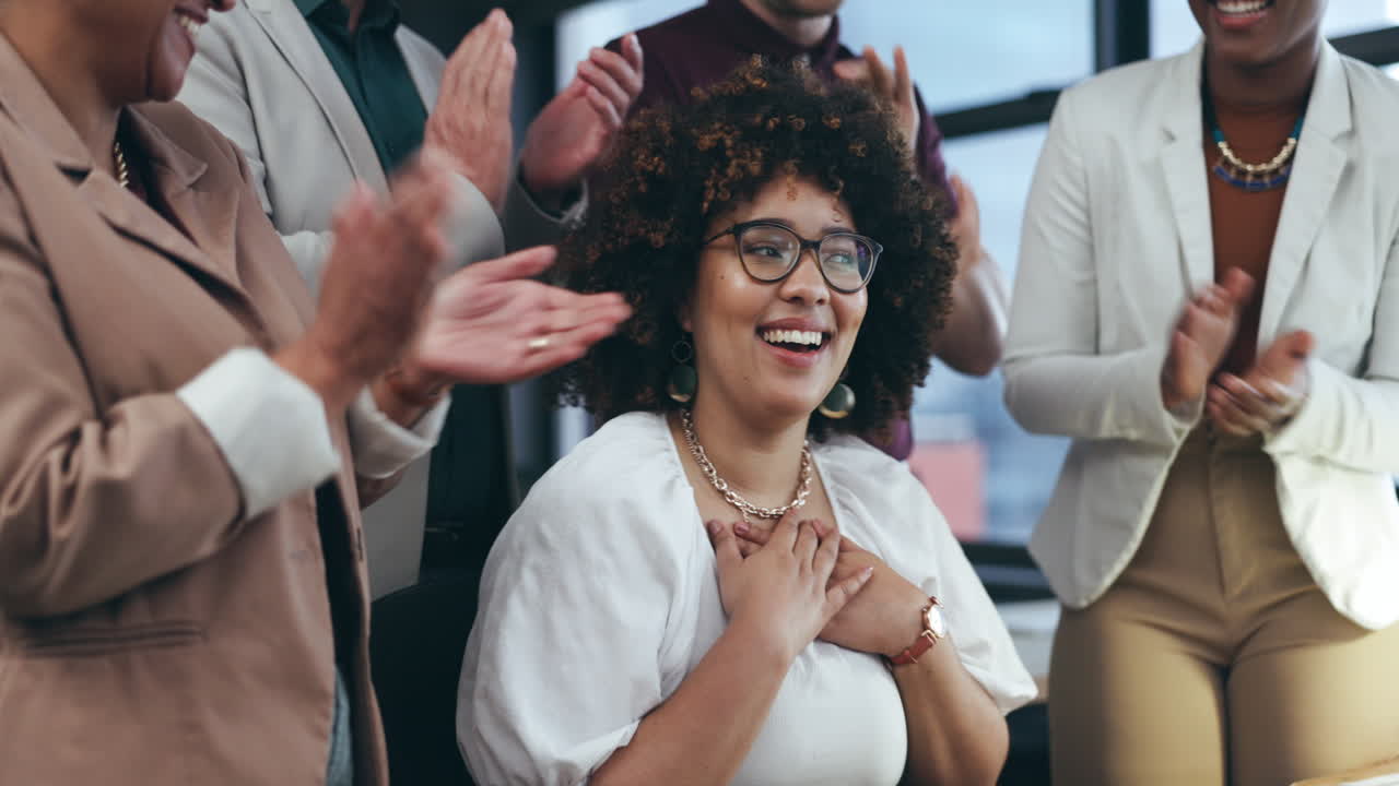 Applause, success and business woman for financial