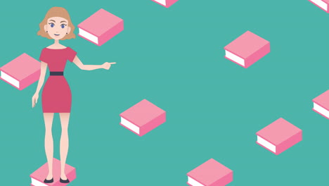 animación de una mujer hablando sobre iconos de libros