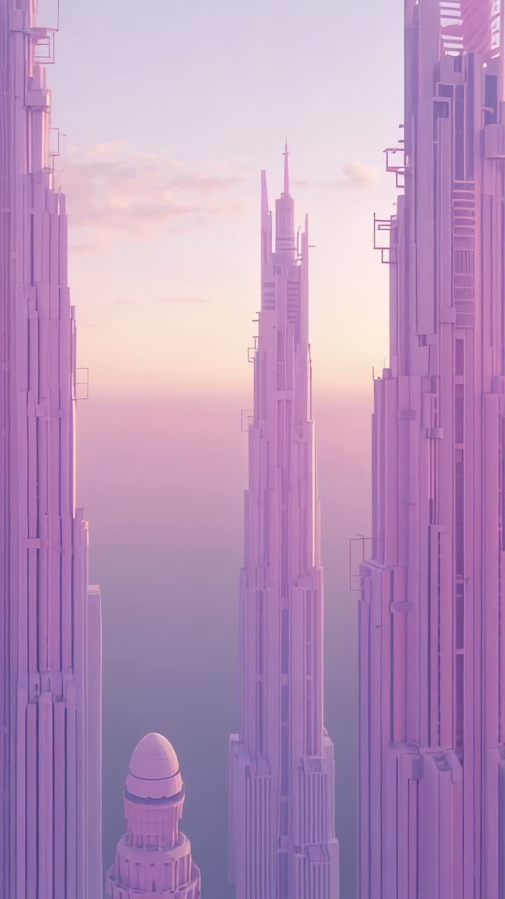 Vertical video: Sunrise bathing futuristic skyscrapers glowing above low clouds at dawn, pastel sky