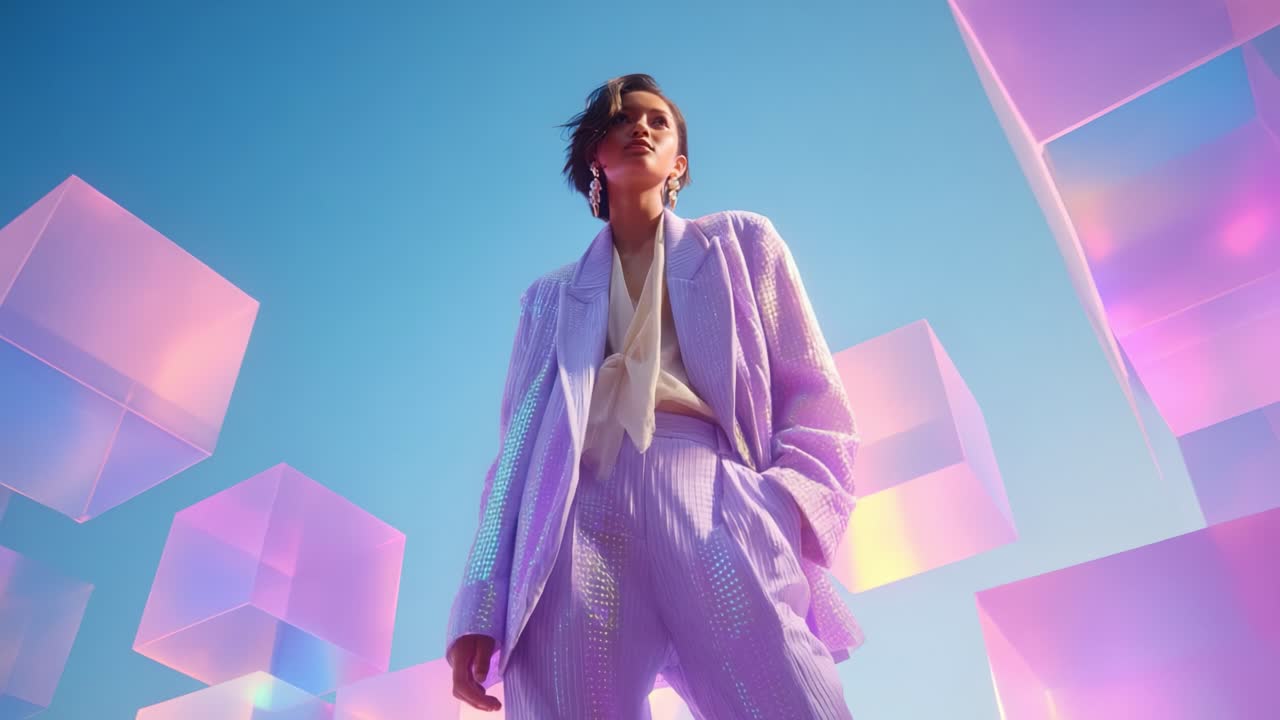 A Fashionable Model Poses Powerfully Amidst a Dreamlike Landscape of Colorful, Translucent Cubes Under a Clear Blue Sky, Showcasing Bold Style and Unique Aesthetic Expression