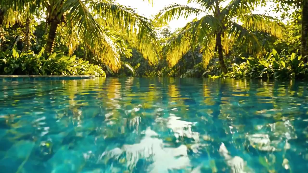 Paraíso tropical sereno com palmeiras exuberantes e água tranquila e reflexiva, criando um santuário de paz para relaxamento e rejuvenescimento no abraço da natureza