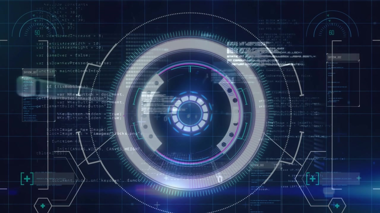 Digital animation of round scanner and data processing against blue background