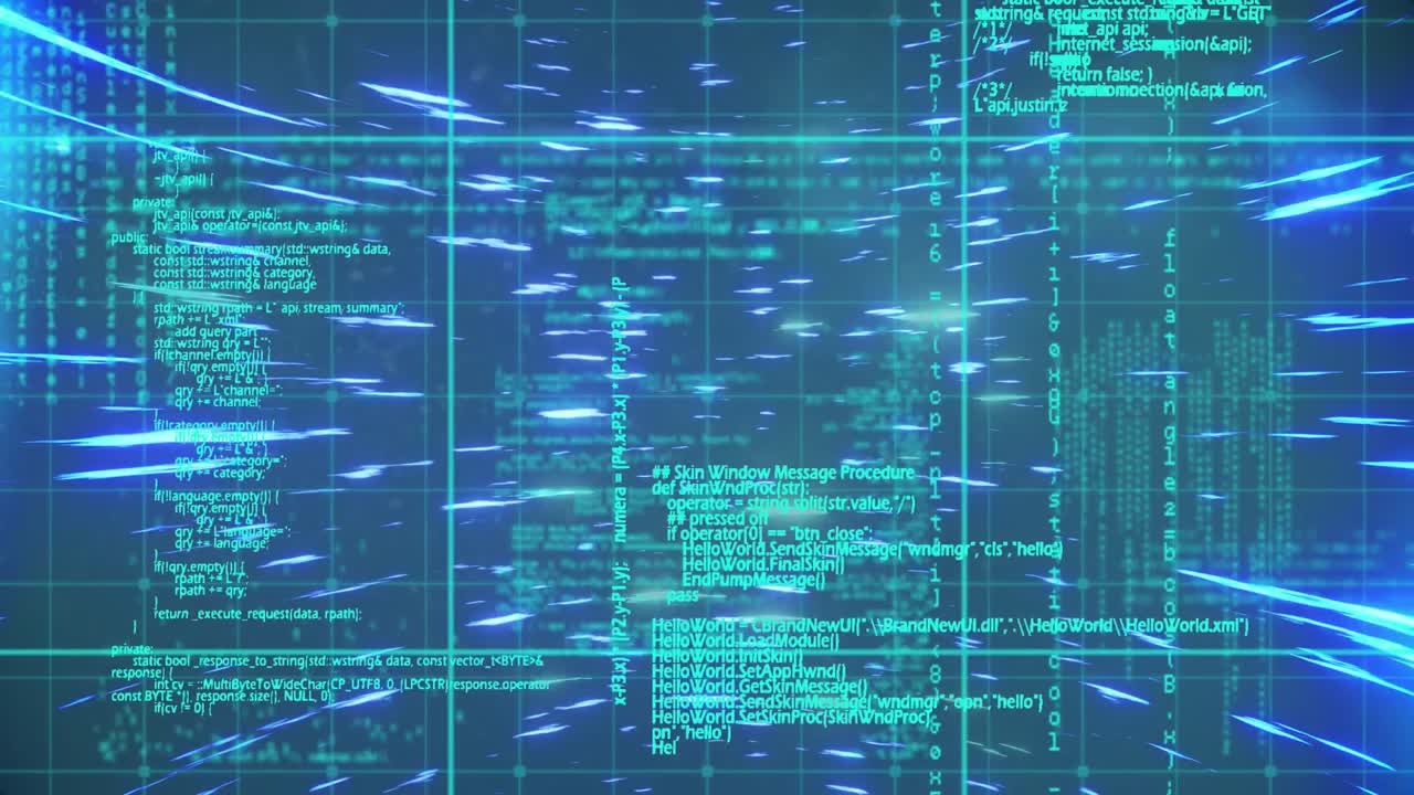 Data visualization interface being animated over teal grid, glowing code, light streaks, crosshairs