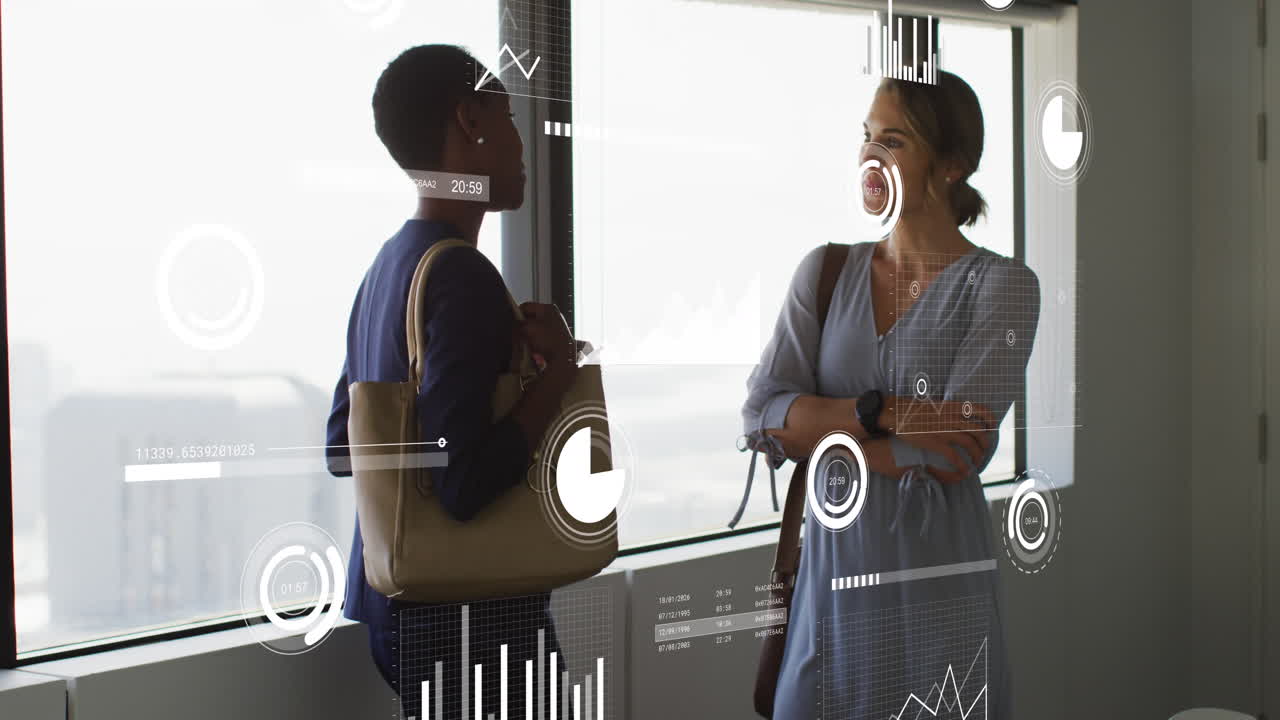 Animation of interface with statistical data processing over two diverse women discussing at office