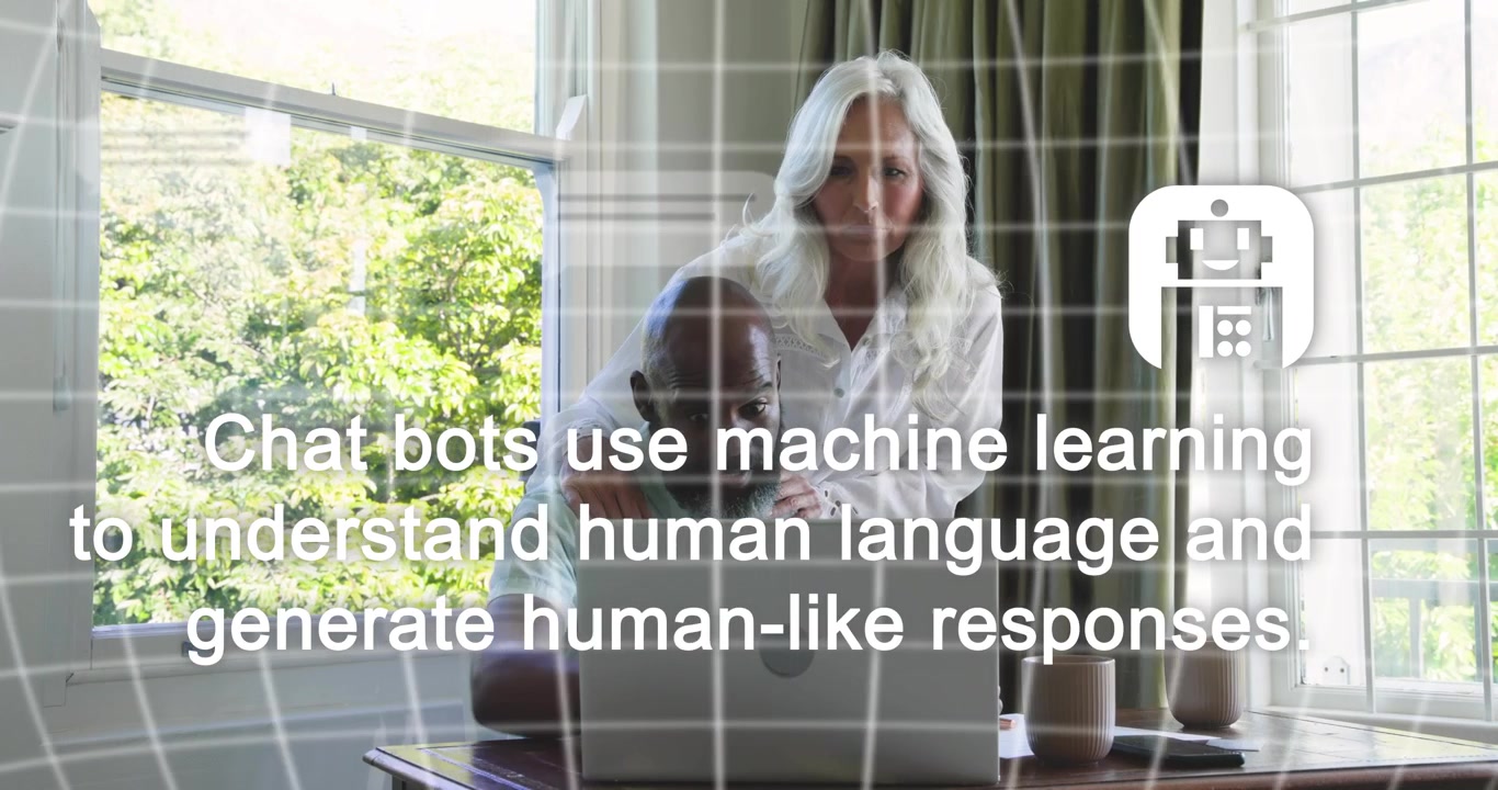 Colleagues typing on laptop as chat bubble prompt triggers robot icon and text explaining chat bots