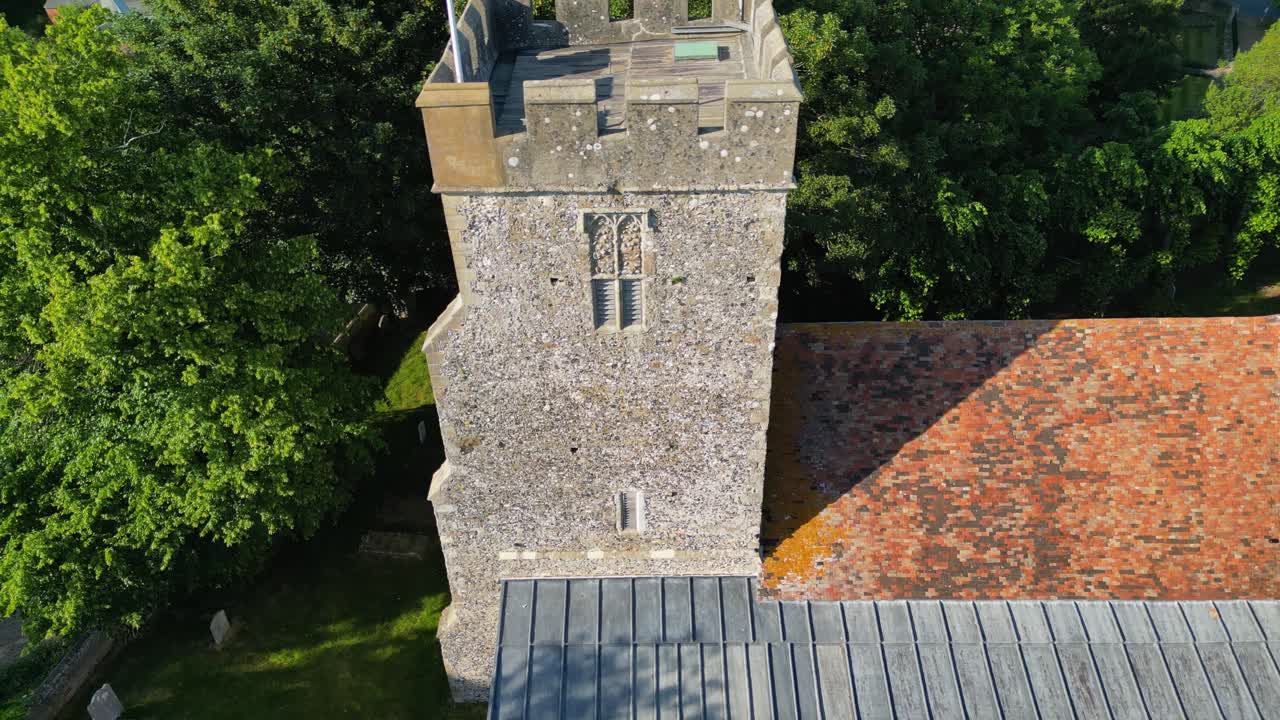 An upward boom-shot of the tower of St Andrew's church in Wickhambreaux
