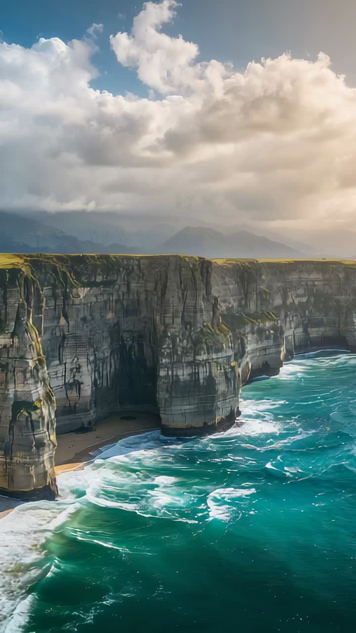Vertical video: Rising drone revealing cliffs meeting teal surf at cove, showing light, copy space